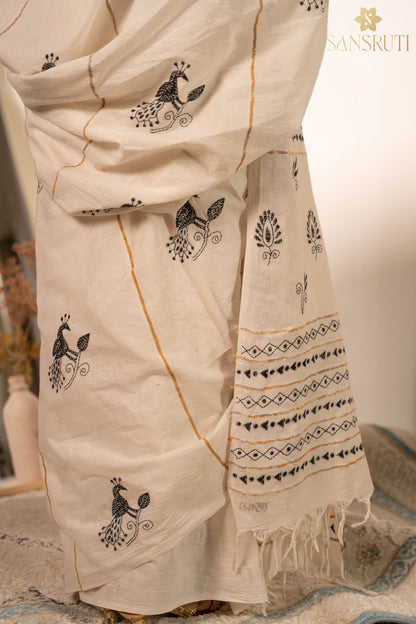 Peacock Grace Kantha White Saree