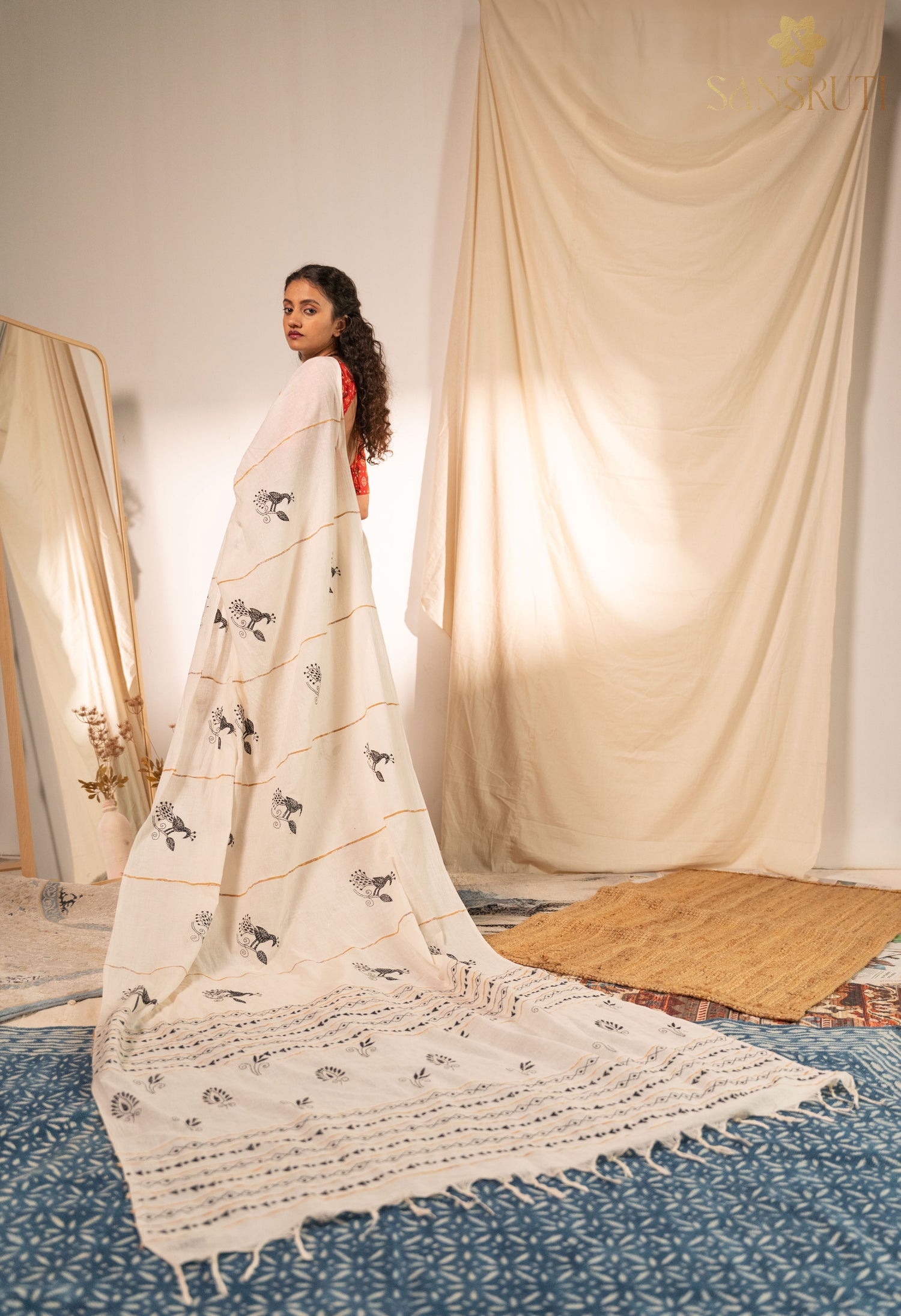 Peacock Grace Kantha White Saree