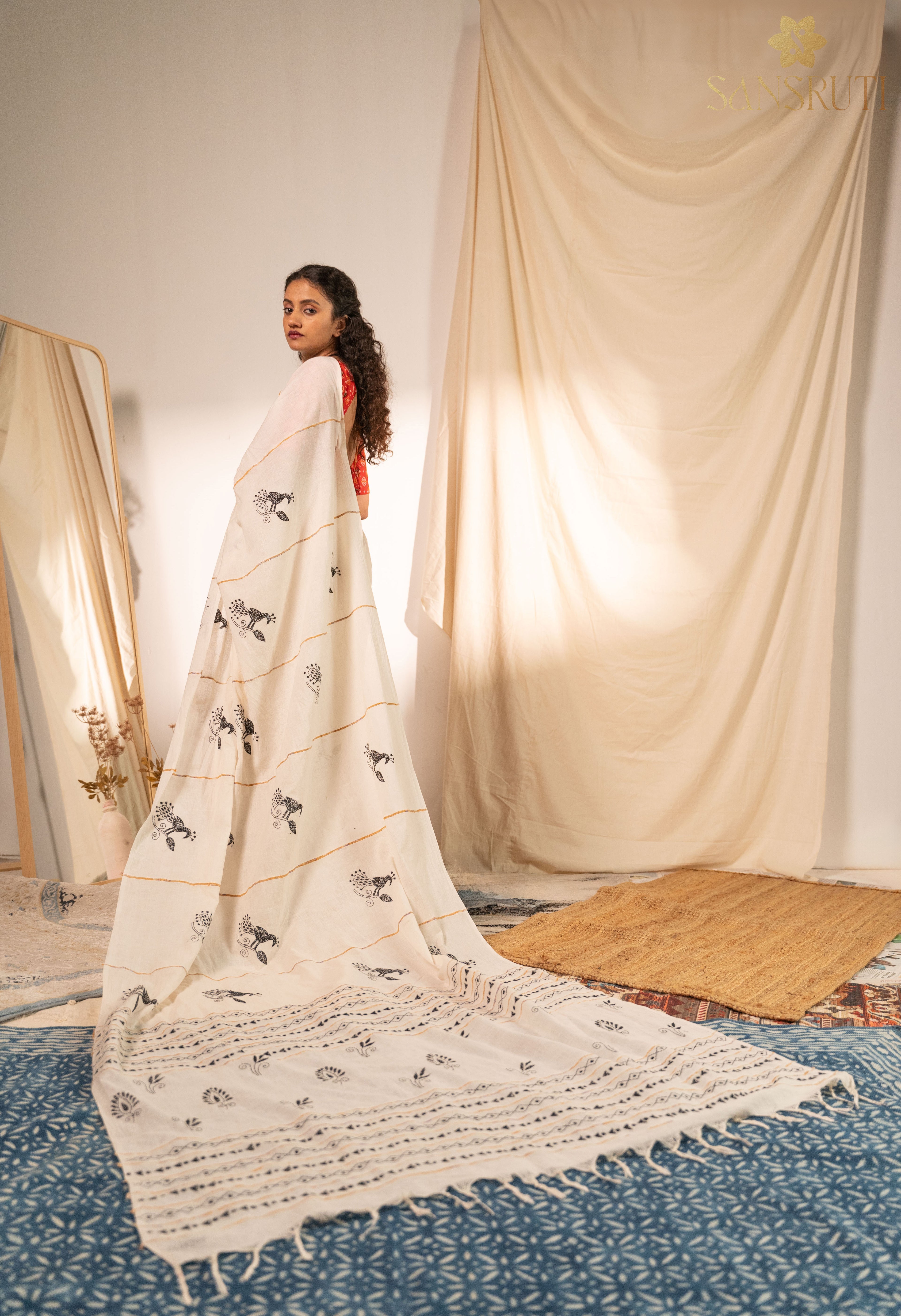 Peacock Grace Kantha White Saree