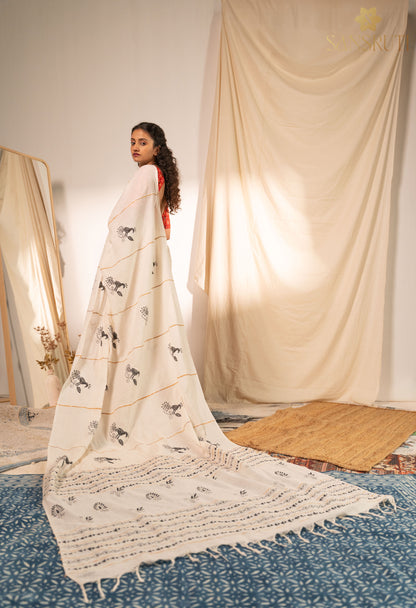 Peacock Grace Kantha White Saree