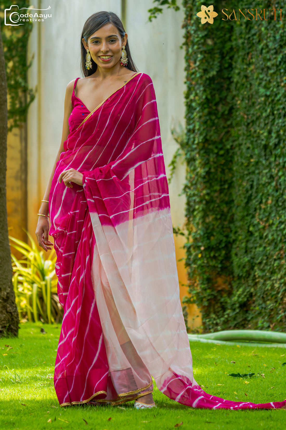 Peach Sunset Blush Leheriya Chiffon Saree