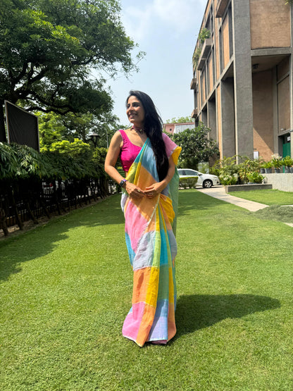 Sunlit Pastel Gamcha Linen Saree
