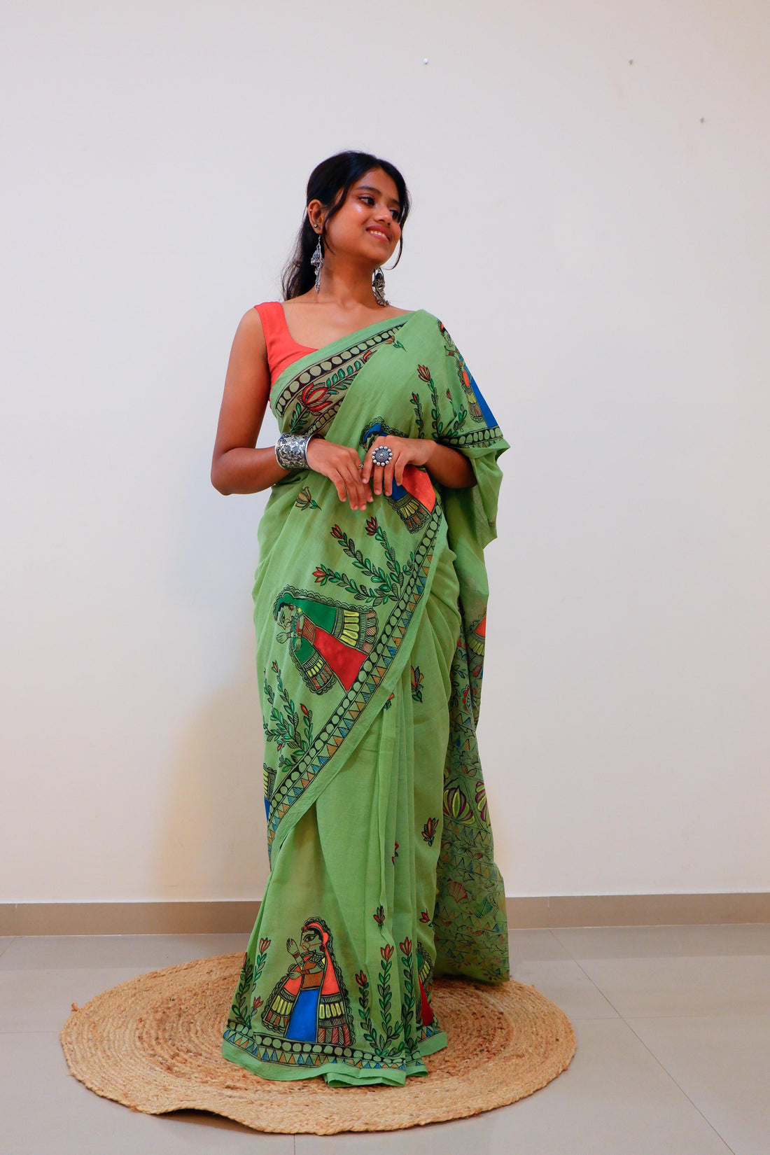 Emerald Bloom Madhubani Saree