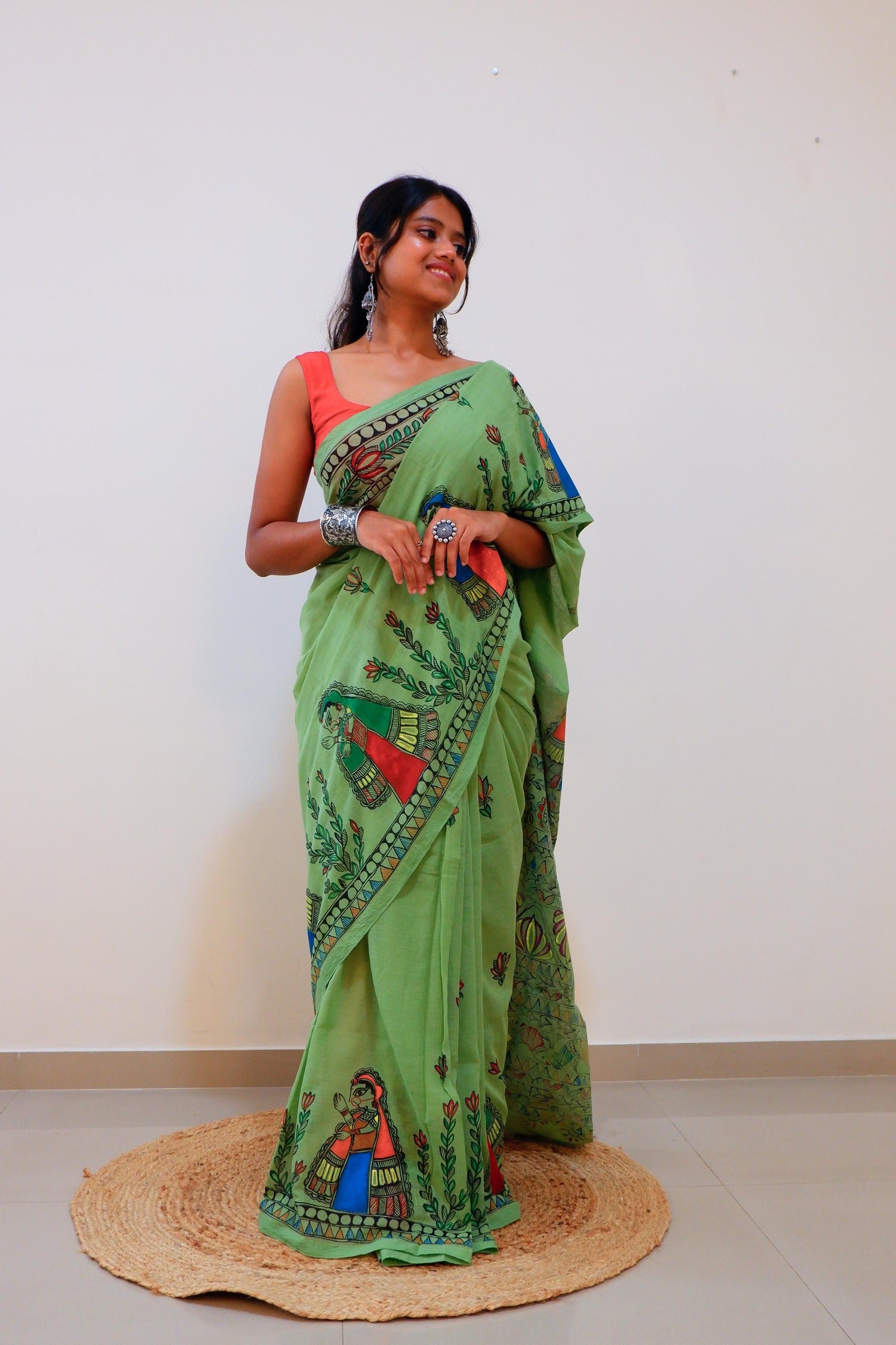 Emerald Bloom Madhubani Saree
