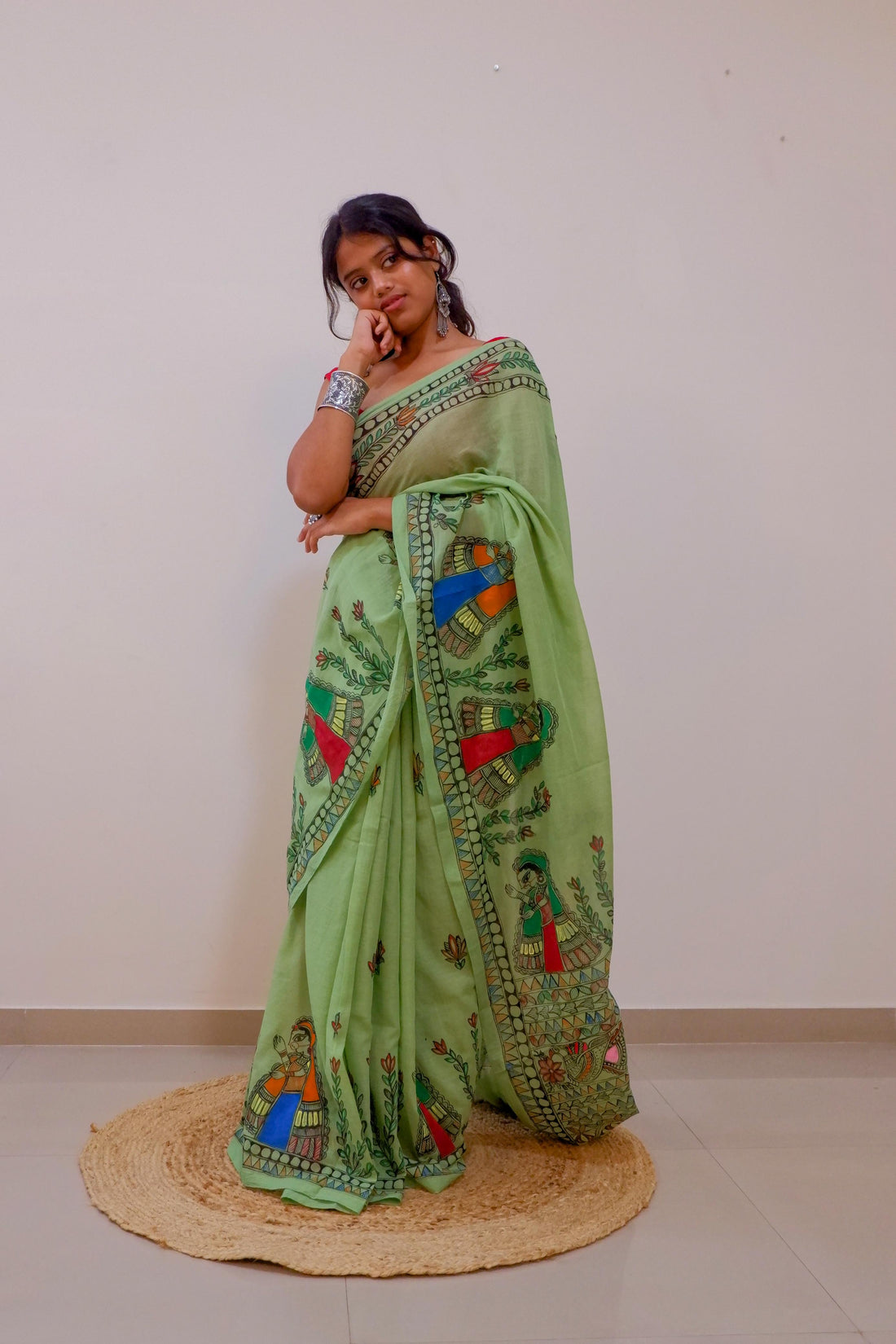 Emerald Bloom Madhubani Saree