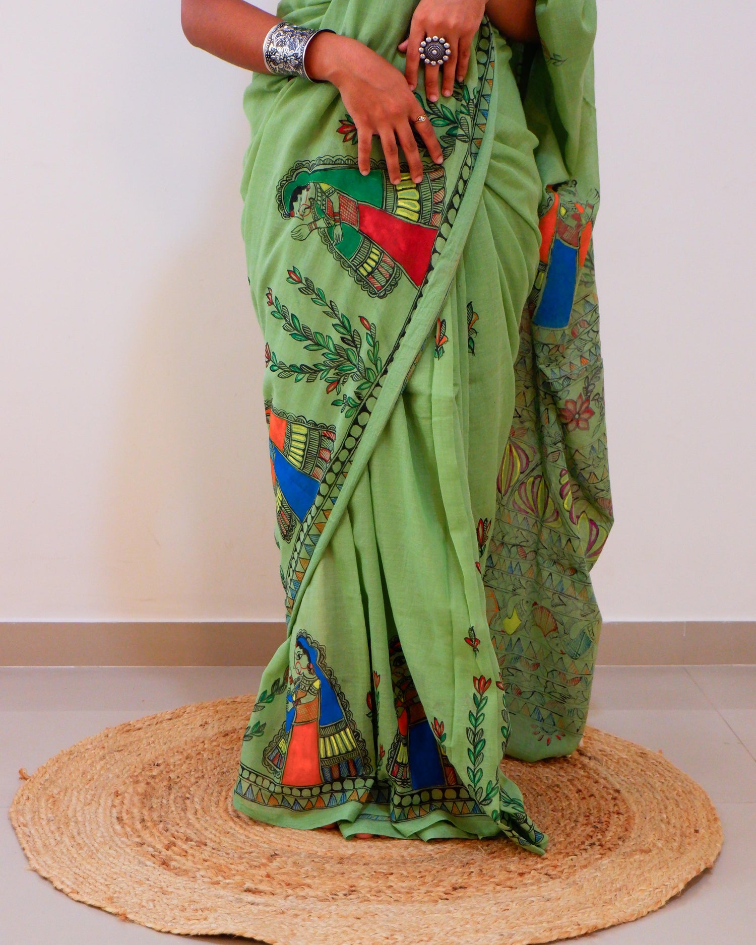 Emerald Bloom Madhubani Saree