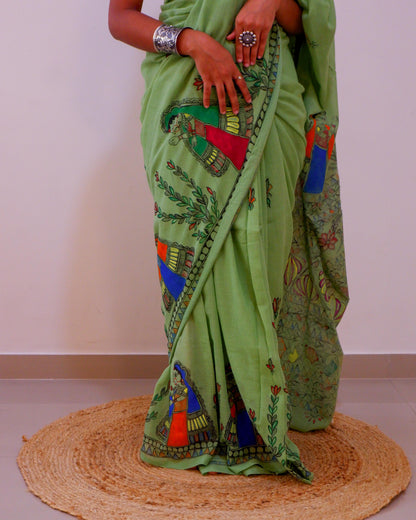 Emerald Bloom Madhubani Saree