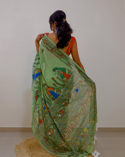 Emerald Bloom Madhubani Saree