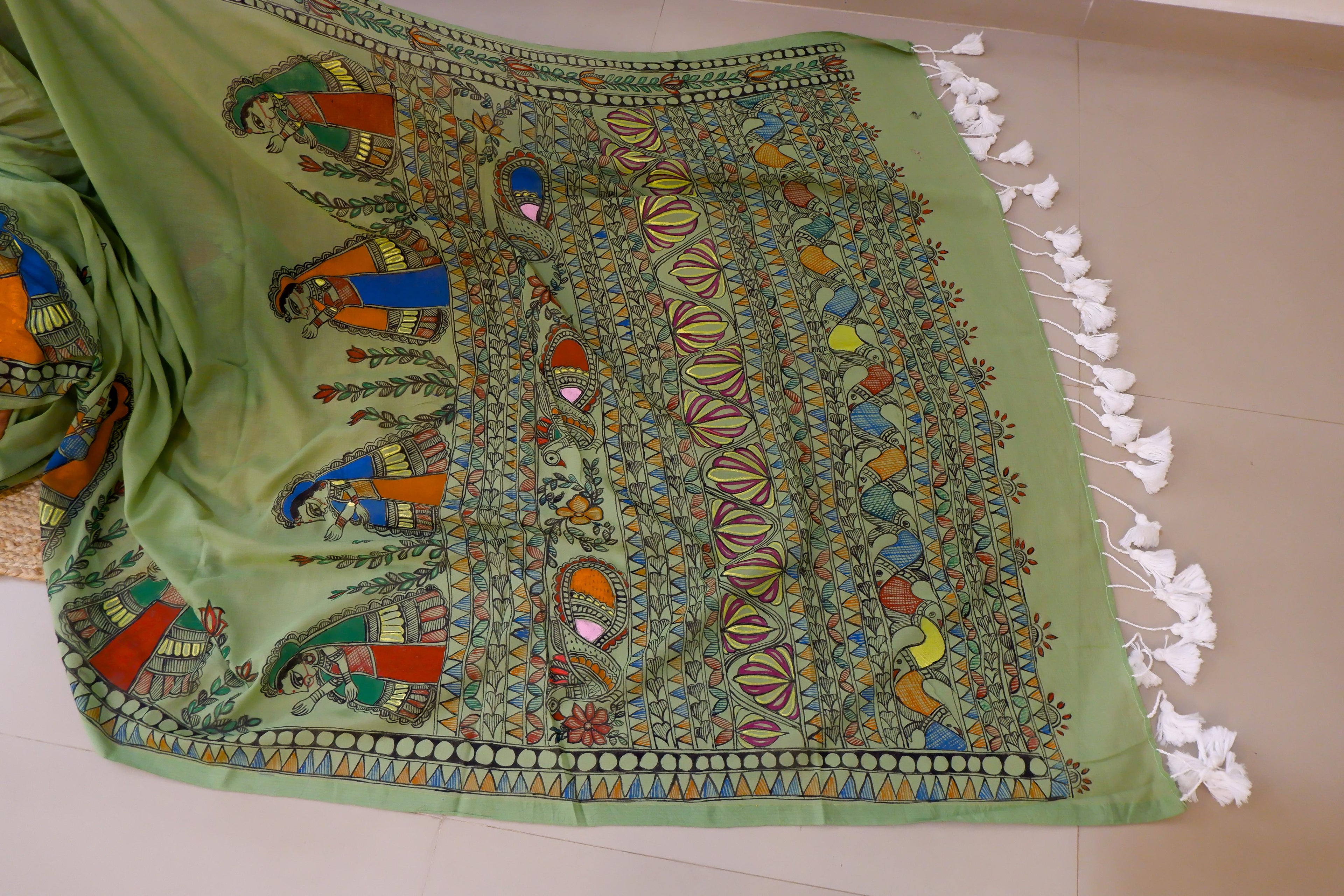 Emerald Bloom Madhubani Saree