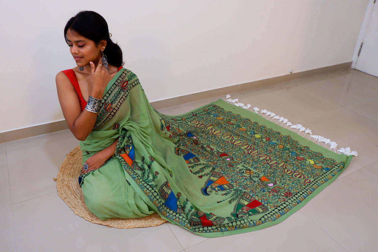 Emerald Bloom Madhubani Saree