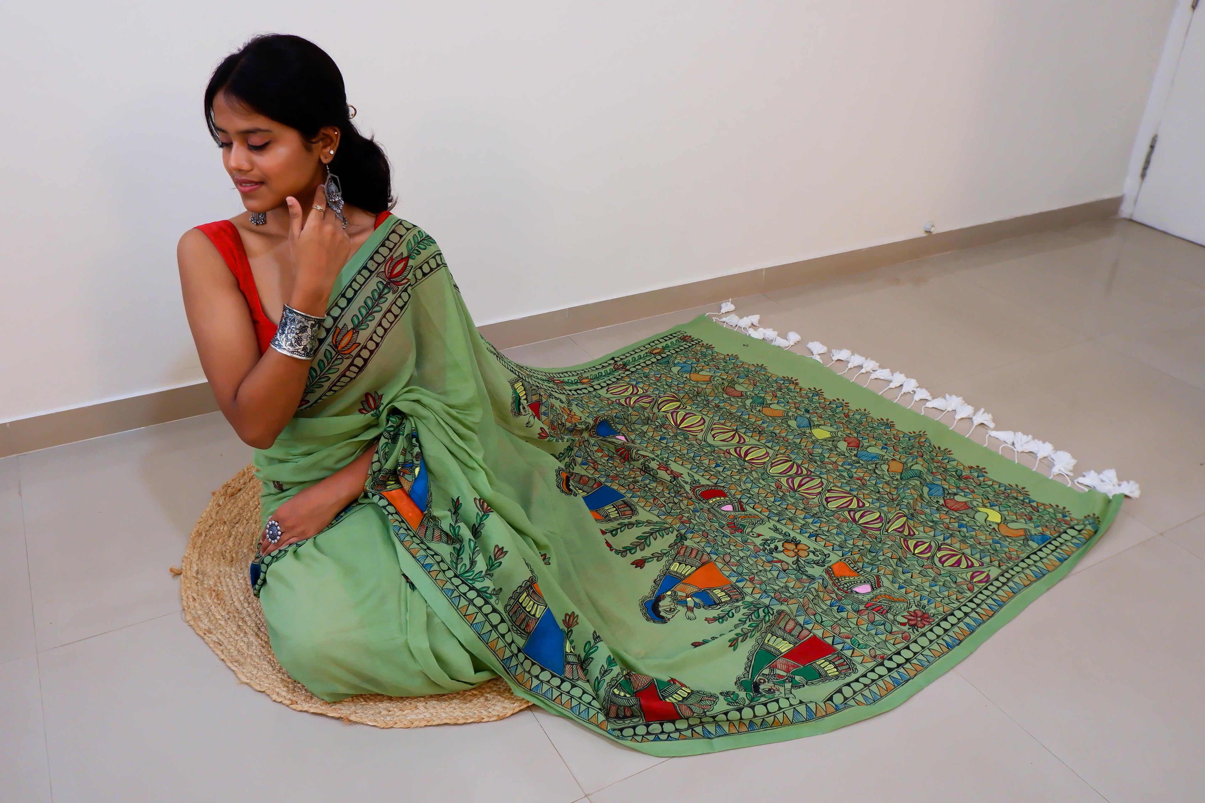 Emerald Bloom Madhubani Saree