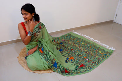 Emerald Bloom Madhubani Saree